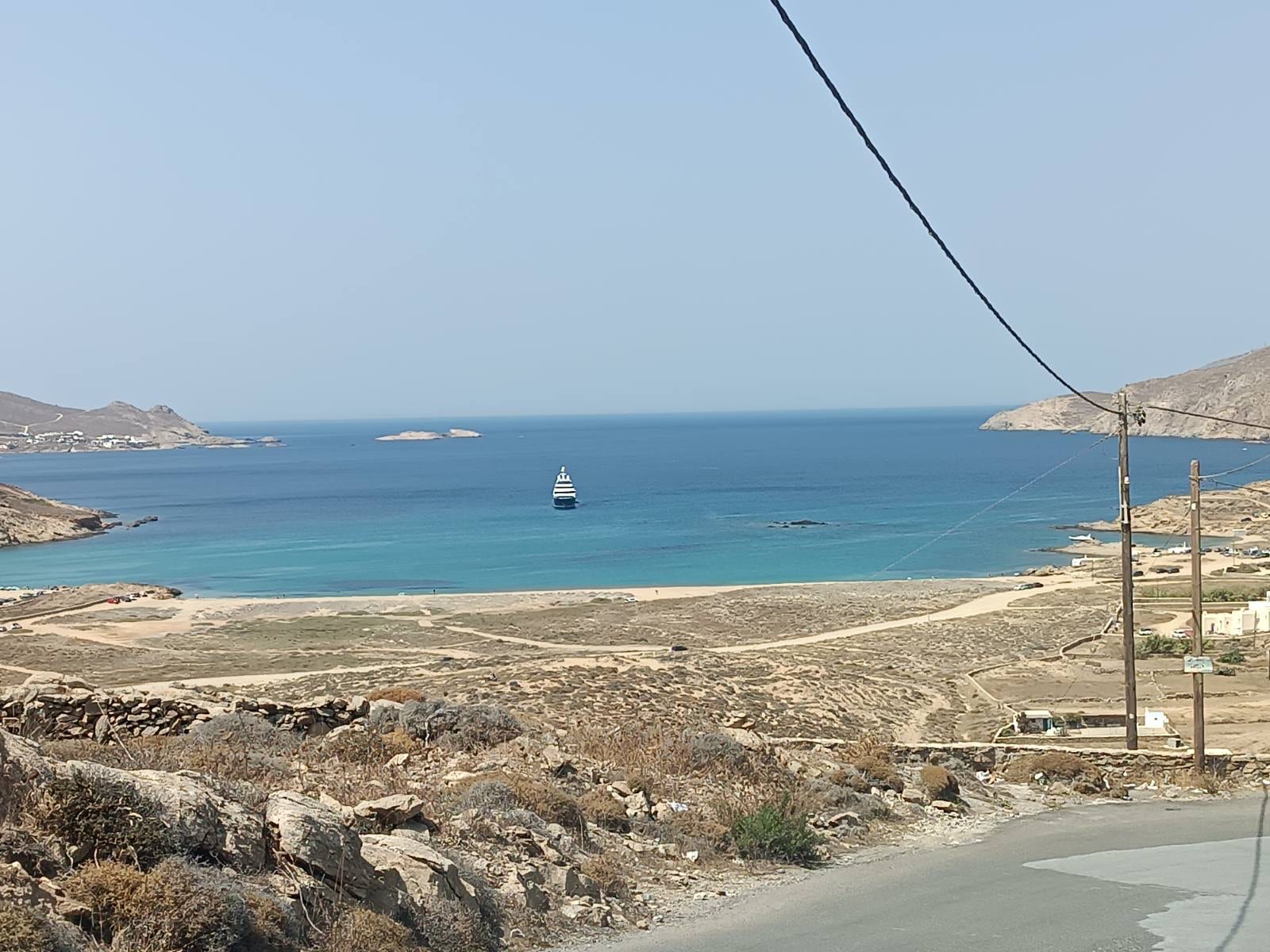 Ftelia Bay on the north coast of Mykonos from the road viewpoint.